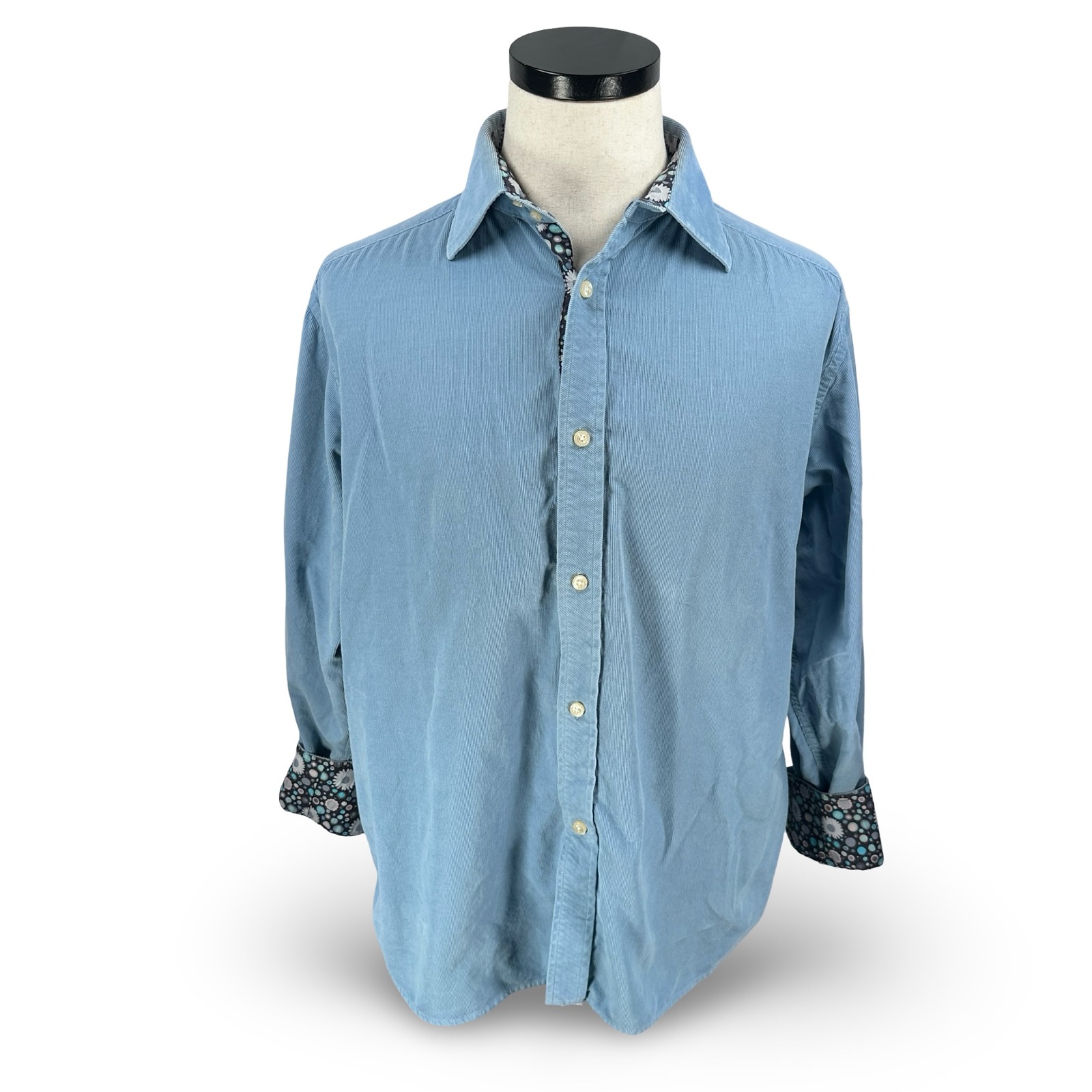 Robert Graham Mens Xl Blue Corduroy Button Down Shirt Floral Dot Long Sleeve